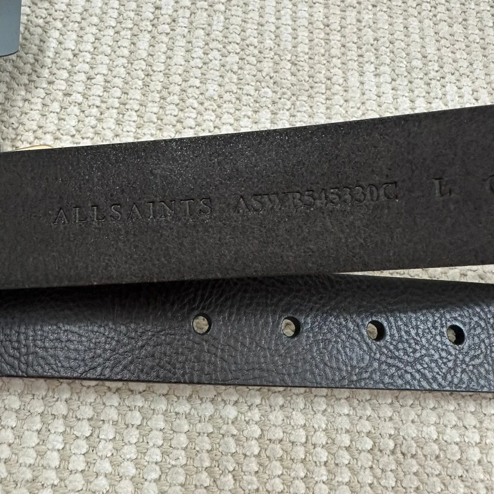 AllSaints Mens Deep Brown Genuine Leather 32mm Casual Belt Gold Buckle Large NEW